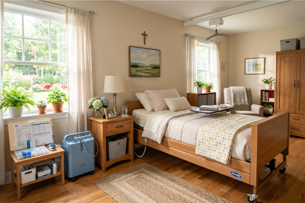Quarto preparado para Home Care com cama hospitalar e equipamentos organizados