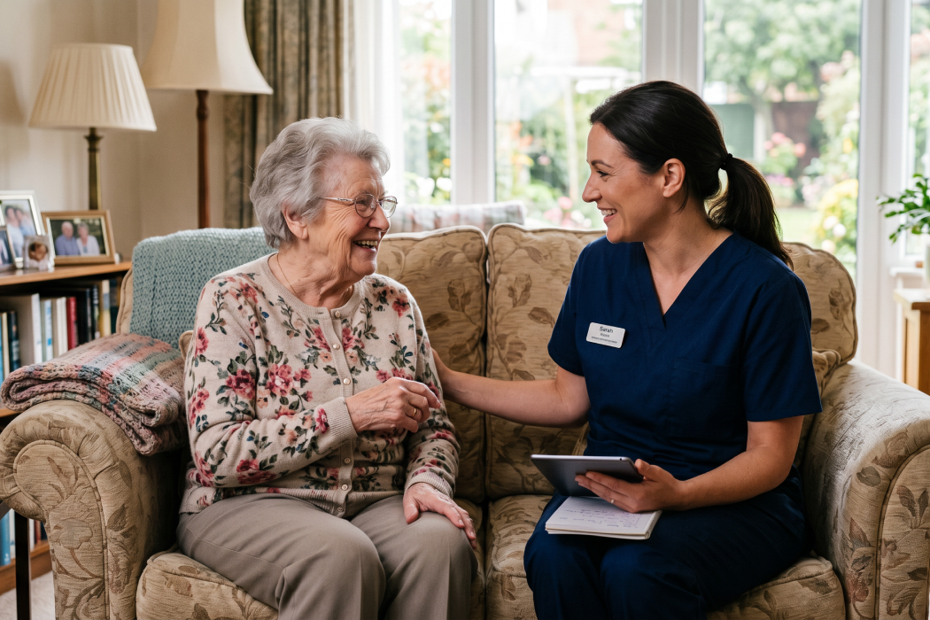 Cuidadora de home care conversando com paciente idosa em casa