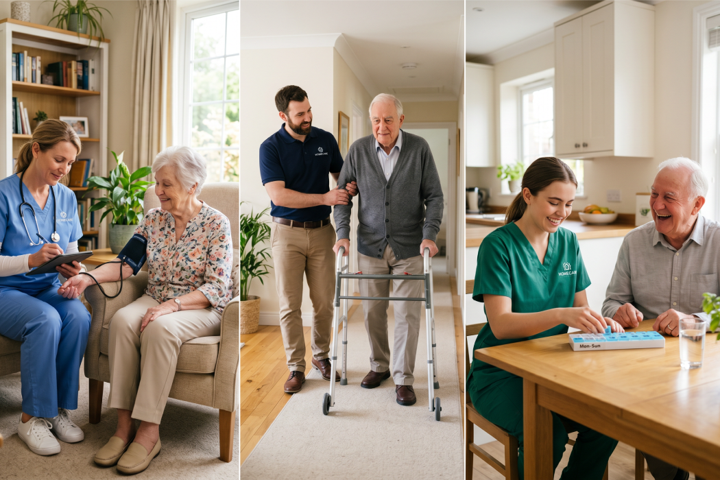 Colagem com diferentes tipos de atendimento de home care da Simple Care